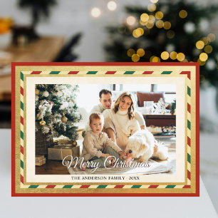Merry Christmas Retro Gold Red Stripes Frame Photo Holiday Card