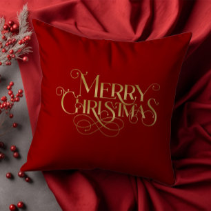 Merry Christmas Retro Gold Typography on Red Cushion