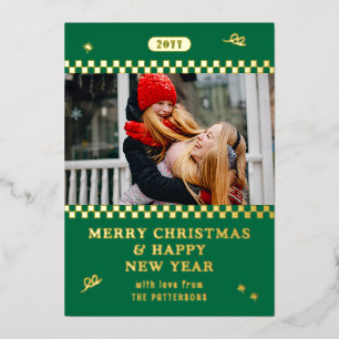 Merry Christmas Retro Green Photo Personalised Foil Holiday Card