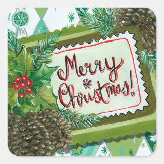 Merry Christmas | Retro Holly & Pine Cones Square Sticker