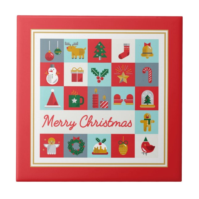 Merry Christmas Retro Icon Grid with Red Frame Ceramic Tile (Front)