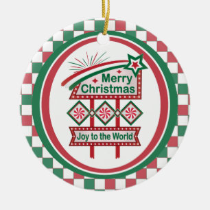Merry Christmas Retro Marquee – Joy to the World Ceramic Ornament