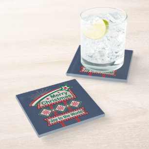 Merry Christmas Retro Marquee – Joy to the World Glass Coaster