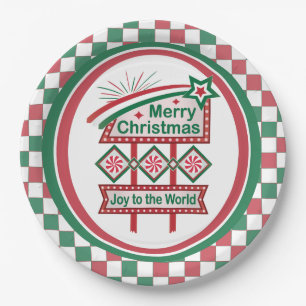 Merry Christmas Retro Marquee – Joy to the World Paper Plate