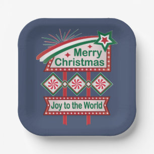 Merry Christmas Retro Marquee – Joy to the World Paper Plate