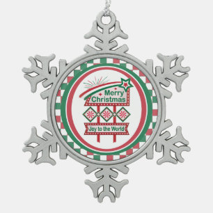 Merry Christmas Retro Marquee – Joy to the World Snowflake Pewter Christmas Ornament