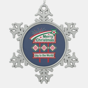 Merry Christmas Retro Marquee – Joy to the World Snowflake Pewter Christmas Ornament