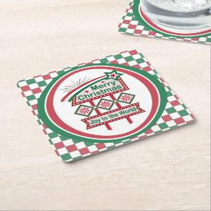 Merry Christmas Retro Marquee – Joy to the World Square Paper Coaster