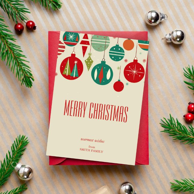 Merry Christmas retro midcentury baubles simple Holiday Card (Christmas greeting editable template card download midcentury retro style Christmas decorations)