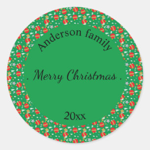 Merry Christmas retro name and date place Classic Round Sticker