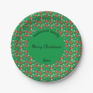 Merry Christmas retro name and date place Paper Plate