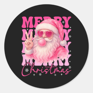 Merry Christmas Retro Pink Santa Bubblegum Xmas Ho Classic Round Sticker