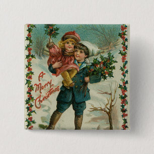 Merry Christmas - retro postcard, children, holly 15 Cm Square Badge