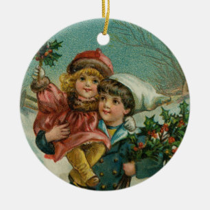 Merry Christmas - retro postcard, children, holly Ceramic Ornament