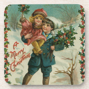 Merry Christmas - retro postcard, children, holly Coaster