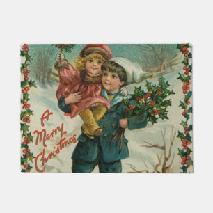 Merry Christmas - retro postcard, children, holly Doormat