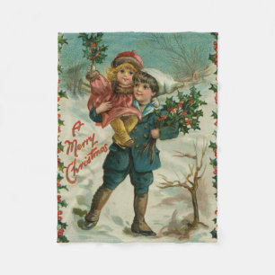 Merry Christmas - retro postcard, children, holly Fleece Blanket