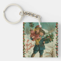 Merry Christmas - retro postcard, children, holly