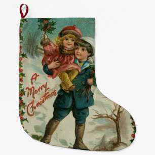 Merry Christmas - retro postcard, children, holly Large Christmas Stocking