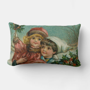 Merry Christmas - retro postcard, children, holly Lumbar Cushion