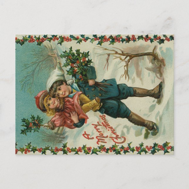 Merry Christmas - retro postcard, children, holly Postcard (Front)