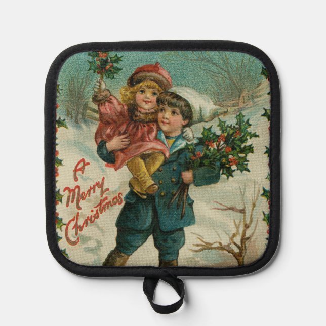 Merry Christmas - retro postcard, children, holly Pot Holder (Front)