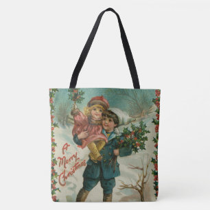 Merry Christmas - retro postcard, children, holly Tote Bag