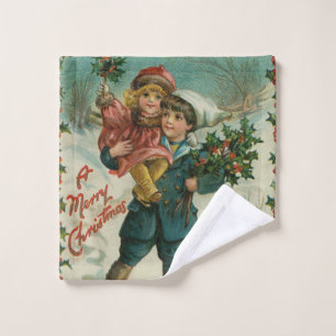 Merry Christmas - retro postcard, children, holly Wash Cloth