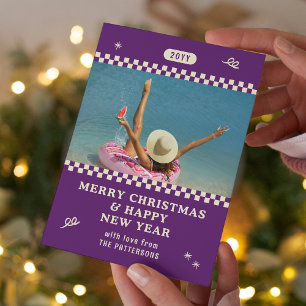 Merry Christmas Retro Purple Photo Personalised Holiday Card