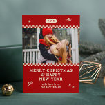 Merry Christmas Retro Red Photo Personalised<br><div class="desc">Merry Christmas Retro Red Photo Personalised Family Name Modern Christmas Cards features a your favourite photo with your the text "Merry Christmas & Happy New Year" in modern script typography. Perfect for Christmas to send to friends and family. PHOTO TIP: centre your photos before uploading to Zazzle. Designed by ©2024...</div>