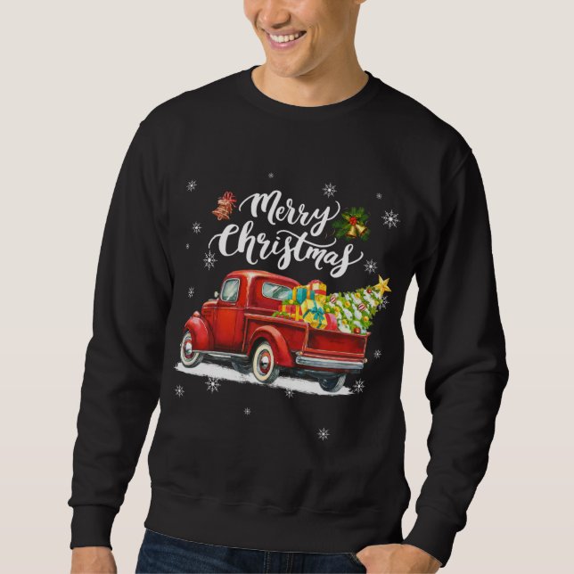 Merry Christmas Retro Red Truck Farm Christmas Tre Sweatshirt (Front)