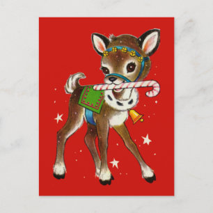 Merry Christmas Retro Reindeer Candy Cane Postcard