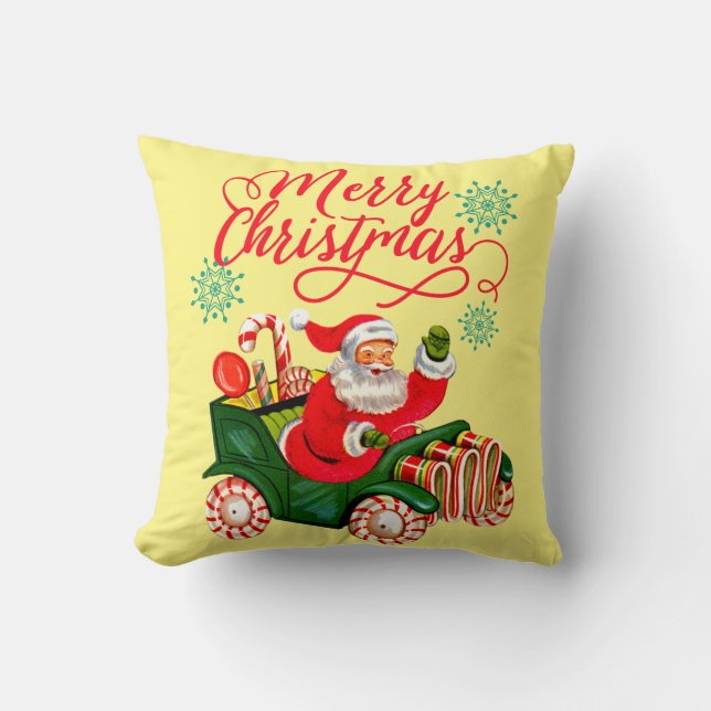 Merry Christmas Retro Santa Claus in Candy Car Cushion (Front)