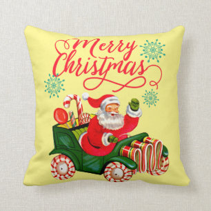 Merry Christmas Retro Santa Claus in Candy Car Cushion