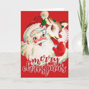 Merry Christmas Retro Santa Claus & Rudolf Holiday Card