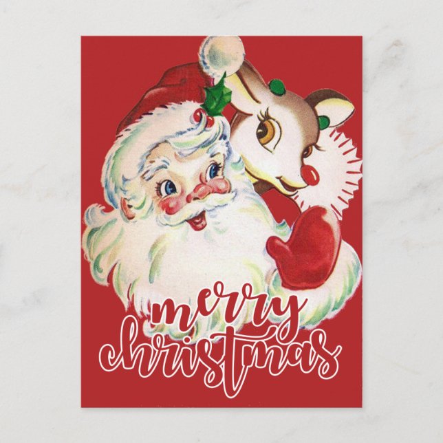 Merry Christmas | Retro Santa Claus & Rudolf Holiday Postcard (Front)