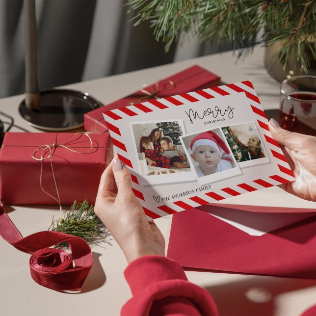 Merry Christmas Retro Script 3 Photo Candy Cane Foil Holiday Card (Merry Christmas Retro Script — 3-Photo Holiday Card)
