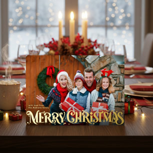Merry Christmas Retro Script Custom Four-Photo Foil Holiday Card
