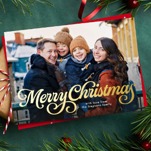Merry Christmas retro script four photo Foil Holiday Card