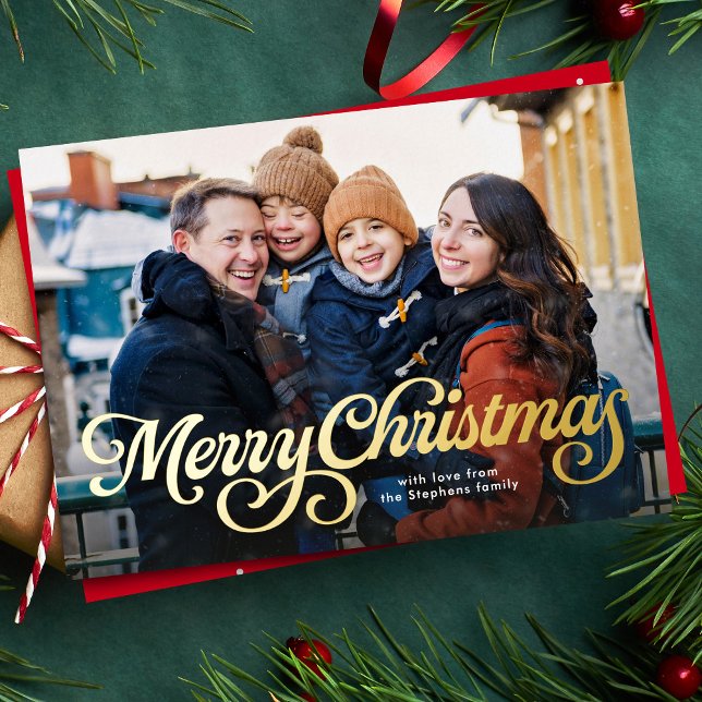Merry Christmas retro script four photo Foil Holiday Card (Creator Uploaded)