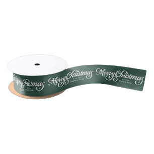Merry Christmas retro script green white holiday Satin Ribbon