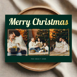 Merry Christmas Retro Script Photo Green Foil Holiday Card