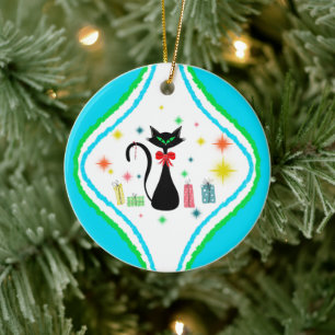 Merry Christmas Retro Siamese Cat Ceramic Ornament