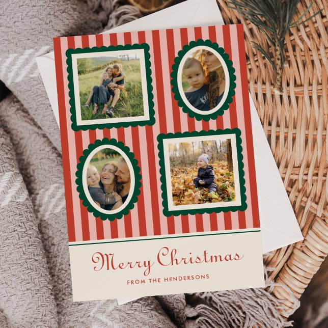 Merry Christmas Retro Striped 4 Photo  Holiday Card (Creator Uploaded)