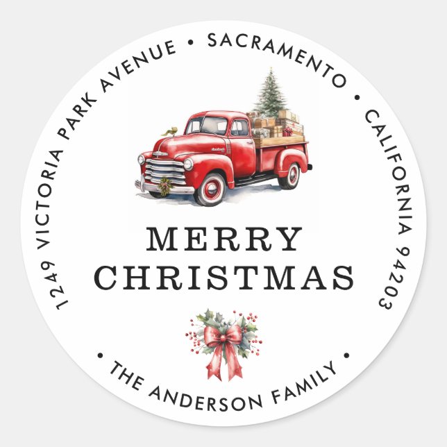 Merry Christmas Retro Truck Return Address Labels (Front)
