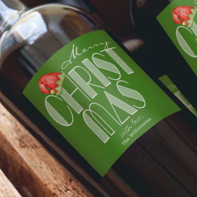 Merry Christmas Retro Typography Green Wine Label (Creator Uploaded)