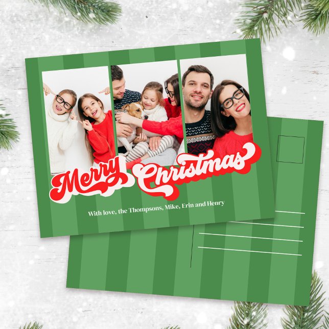 Merry Christmas Retro Typography Multi Photo  Holiday Postcard (Bold colorful red and green multi-photo postcard. )