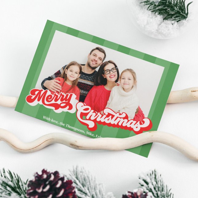 Merry Christmas Retro Typography Photo Green Holiday Postcard (A single photo double-sided holiday Merry Christmas Postcard)