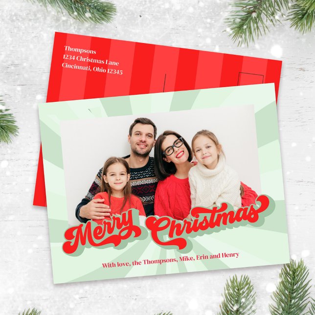 Merry Christmas Retro Typography Photo Red Green Holiday Postcard (A single photo layout holiday postcard template with whimsical typography. )