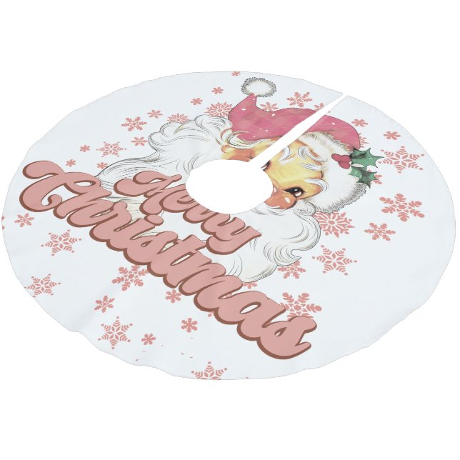 Merry Christmas Retro Typography Santa Pink Hat Brushed Polyester Tree Skirt (Angled)